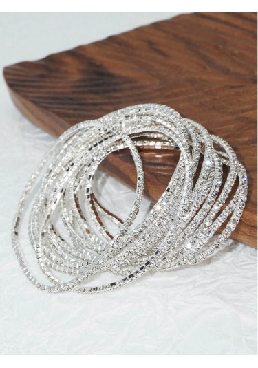 India Parlak Taşlı 3 Adet Minimal 925 Gümüş Kaplama Esnek Bileklik Çok Renkli