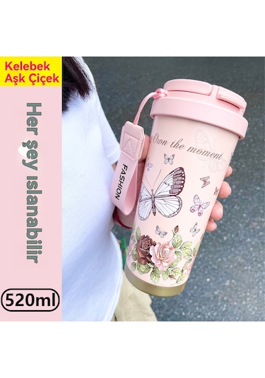 Çift İçecek Kahve Fincanı Kadın Yüksek Değerli Seramik Astar 316 Paslanmaz Çelik Termos Bardak Araba Basit Pipet Bardak 369 Çift İçecek Paslanmaz Çelik Gül Tozu