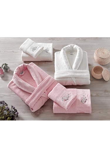 Rosel Bukle Jakarlı Aile Bornoz Takımı Somon Krem (328737974) Krem