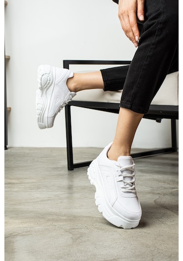Günlük Kadın Spor Ayakkabı Yüksek Kalın Taban 6 Cm Suni Deri Sneaker 001 Beyaz