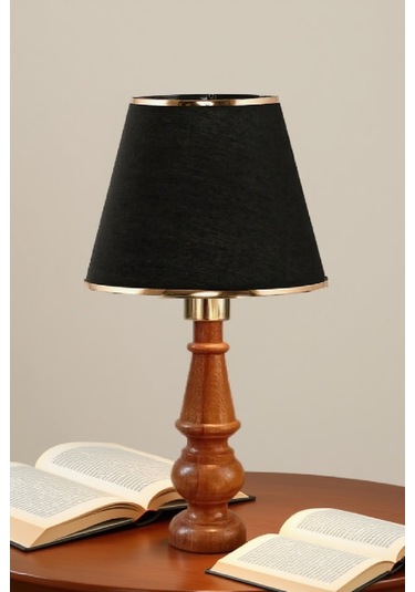 Ahşap Gövdeli Kumaş Başlıklı Dekoratif Abajur Masa Lambası Aydınlatma Lamba Siyah