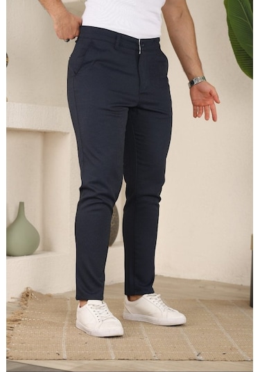 Erkek Casual Slim Fit Cord Desenli Kumaş Pantolon Lacivert