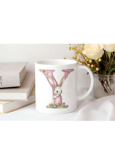 Y Harfli Tavşan Kupa - Patchwork / Yamalı Desenli İsme Özel Kupa - Pastel Vintage Tarz Hediyelik Beyaz