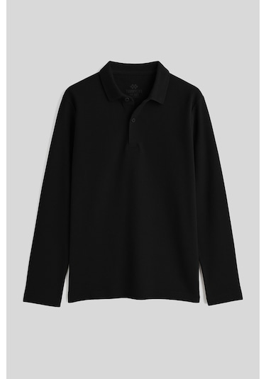 Tommylife Siyah Polo Yaka Basic Uzun Kollu Erkek Çocuk T-shirt - 11170 SIYAH