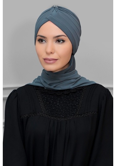 Gri Pratik Hazır Geçmeli Tesettür Bone Sandy Kumaş Taçlı Büzgülü Gri