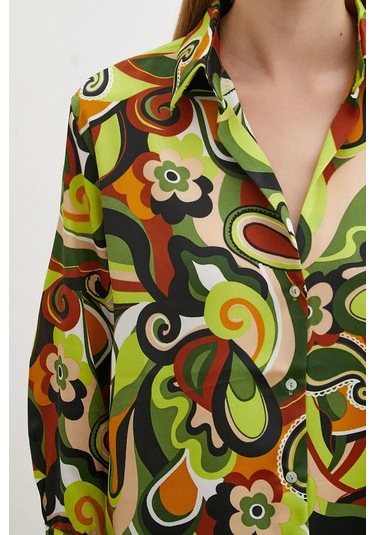 Kadın Uzun Kol Çiçek Desenli Renkli Pamuk Saten Premium Kalite Spor Şık Gömlek Yeşil