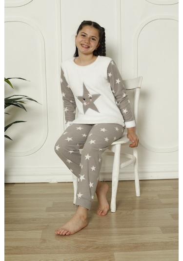 Fames Pijama Kişlik Polar Yildizli Çocuk Pijama Takim Beyaz