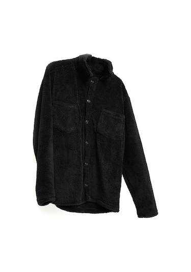 Unisex Siyah Düğme Detaylı Cepli Peluş Ceket Siyah
