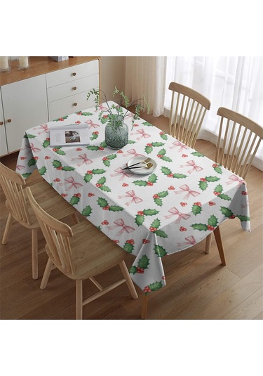 Noel Desenli Dikdörtgen Masa Örtüsü 60x84 İnç, Su Geçirmez Ve Leke Tutmaz Noel Kızılcık Pembe