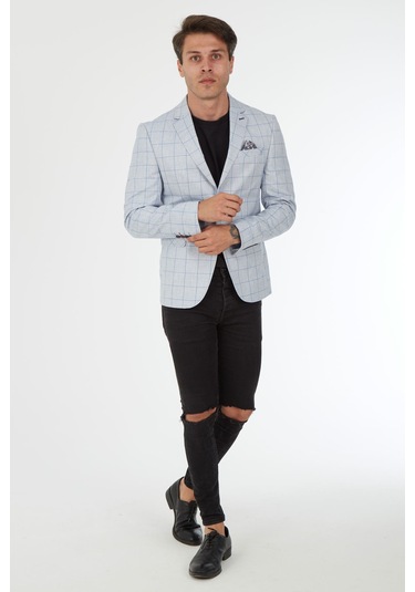 Sposo 5125 Dar Kalıp Kareli Açık Mavi Erkek Blazer Ceket Açık Mavi