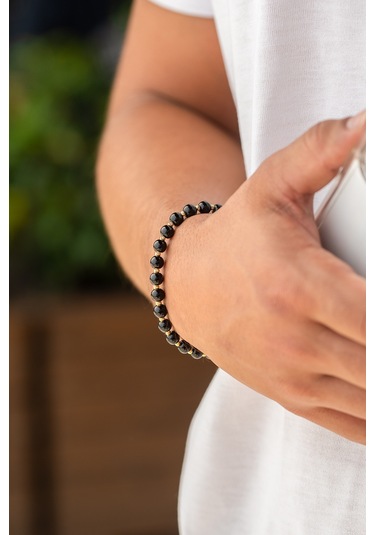 14 Ayar Altın Büyük Oniks Boncuklu Erkek Bileklik Sarı Altın