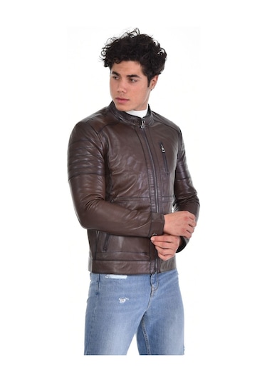 Hakiki Deri Siyah Erkek Deri Mont Hakim Yaka Üç Cepli Fermuarlı Fermuarlı Deri Ceket Kahverengi