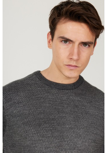 AC&Co / Altınyıldız Classics Erkek Antrasıt Grı Melanj Standart Fit Normal Kesim Bisiklet Yaka Petek Desenli Triko Gri