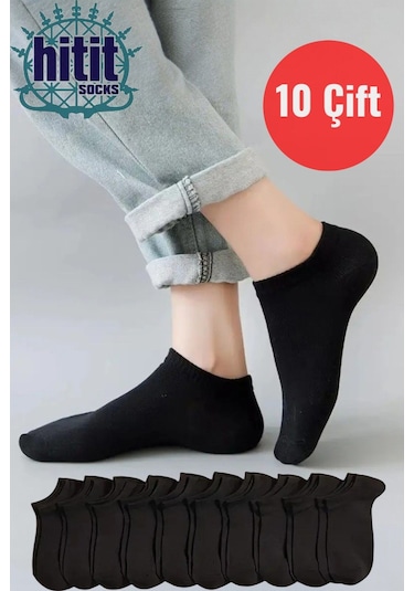 Hitit Sock Erkek 10 Çift Premium Kalite Pamuklu Düz Patik Siyah Siyah