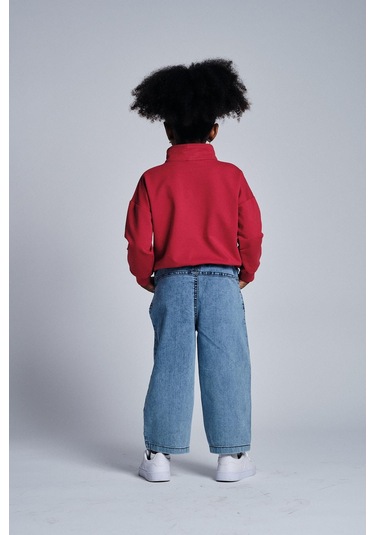 Dik Yaka Sweat Denim Pantolon Takım Kırmızı