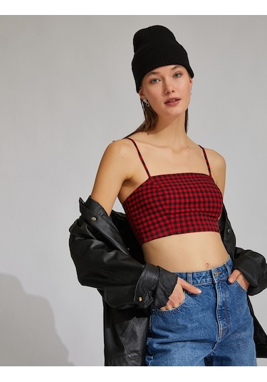 Koton İnce Askılı Crop Top Kırmızı Ekose 2sak30041pw