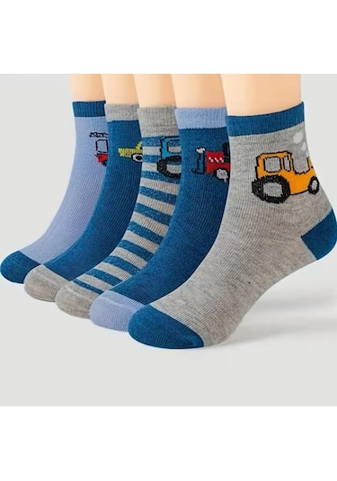 5 Çift Araba Desenli Çocuk Çorabı Çok Renkli
