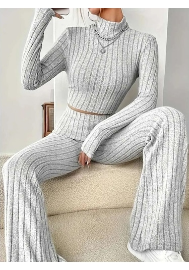 Kadın Uzun Kollu Balıkçı Yaka Krop Ve Pantolon Şardonlu Kaşkorse Ikili Takım Gri