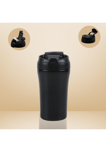 Paslanmaz Çelik Bardak Mug Termos 380 Ml Çift Katmanlı, Sızdırmaz Kapaklı-284 Siyah
