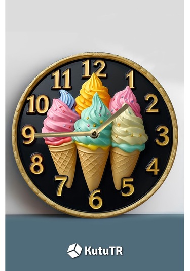 Renkli Dondurma Külahlı Mdf Duvar Saati 3d Görünümlü, Sessiz Mekanizmalı, 2d Hd Baskı Sdw241 Renkli