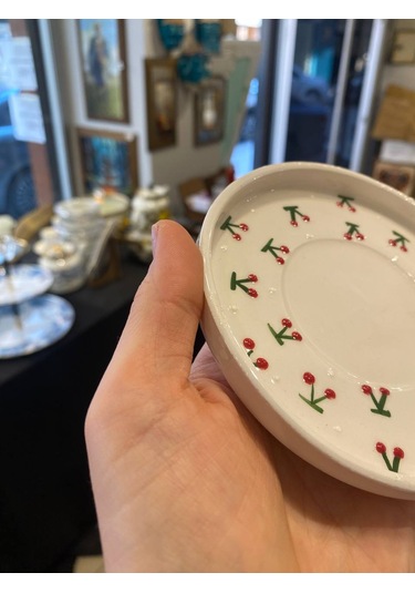 Seramik El Yapımı Fincan Takımı 2'li Set Kiraz Desenli Beyaz - Kırmızı