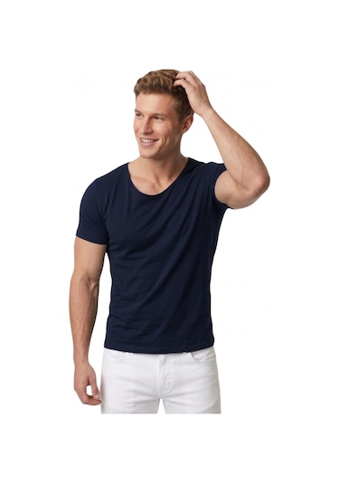 Deepsea Erkek Lacivert Geniş Yaka Likralı Tişört Oval Yaka Slim Fit Eteği Oval Açık Yaka T-shirt 1801199 Lacivert