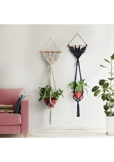 Qingmipy El Dokuma Yemeni Kanatlı Figürlü Bitki Asma Sepeti, Bej Uzun Tip Akrilik Örgü Duvar Dekoru Bej