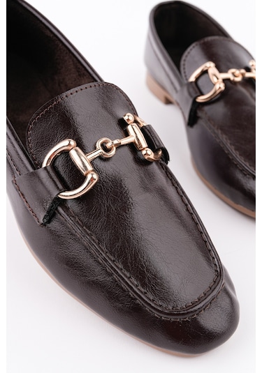 Muggo Stride Metal Tokalı Kadın Günlük Loafer Ayakkabı Kahverengi