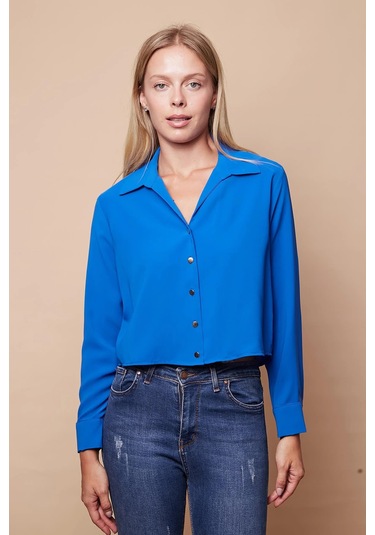 Kadın Likrasız Şık Kumaş Yakalı Uzun Kol Kısa Gömlek-Sax Sax