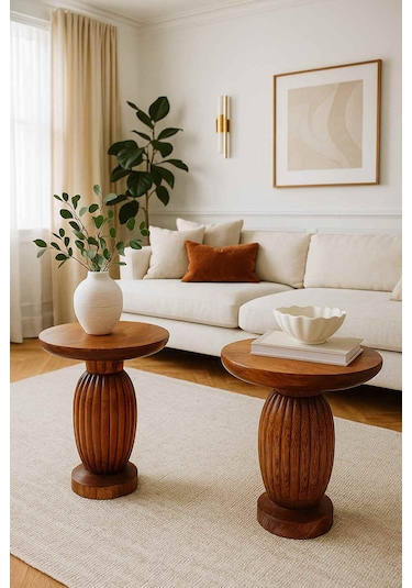 Doğal Masif Ahşap Yan Sehpa Seti 2 Li Meşe Renk Zigon Ve Fiskos Meşe