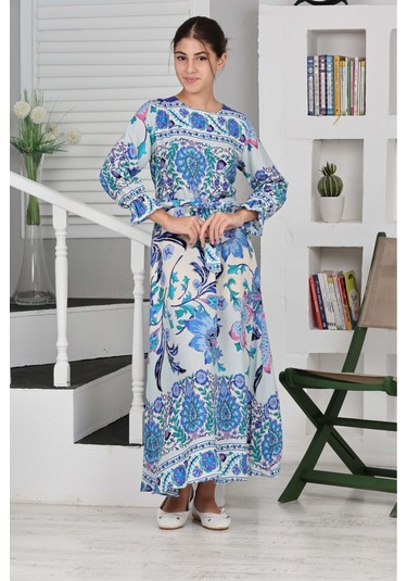 Kız Çocuk Viskon Kumaş Desenli Uzun Elbise Saks Mavi