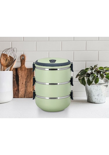 Penguen Kulplu Çelik Sefer Tası - Yemek Termosu Saklama Kabı 3 Katlı Yeşil Yeşil