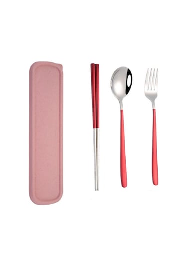 Sones 3 Adet / Set Taşınabilir Paslanmaz Çelik Sofra Takımı Yaratıcı Set Çubuk Kaşık Çatal Hediye, Renk: Kırmızı Diğer