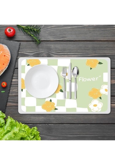 Bosphorusboutique02 Suntek Bulaşık Kurutmalık Mat Dekoratif Yeşil Çiçekler Yeşil Diğer