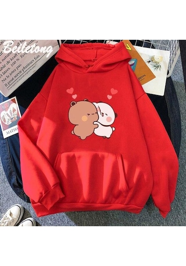 Kırmızı Kawaii Hoodie Panda Ayı Karikatür Bubu Dudu Baskı Kız Büyük Boy Kazak İlkbahar/sonbahar Açık Mavi Uzun Kollu Cep Tops Kırmızı