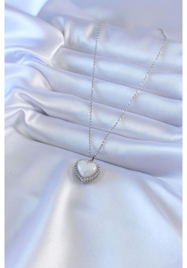 316l Çelik Gümüş Renk İncili Kalp Model Zirkon Taşlı Kadın Kolye Çok Renkli