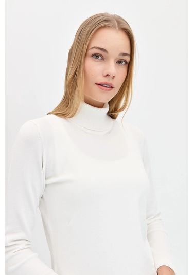 Desen Triko Kadın Likralı Uzun Kollu Basic Tam Balıkçı Bluz 20017 Kemik Kemik