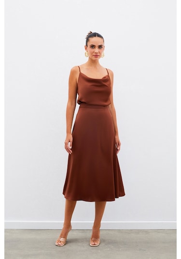 Sateen Midi Boy Saten Etek - Kahve-134960 Kahve