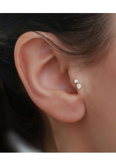 14 Ayar Altın Taşlı Kalp Sallantılı Tragus Piercing Sarı