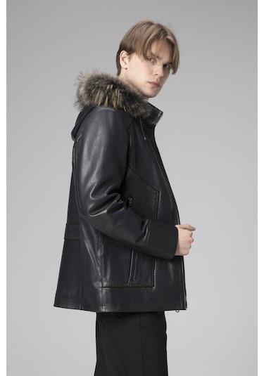 Lacivert Dericlub E2218 Kapüşonlu Jumbo Gerçek Deri Erkek Kaban Lacivert