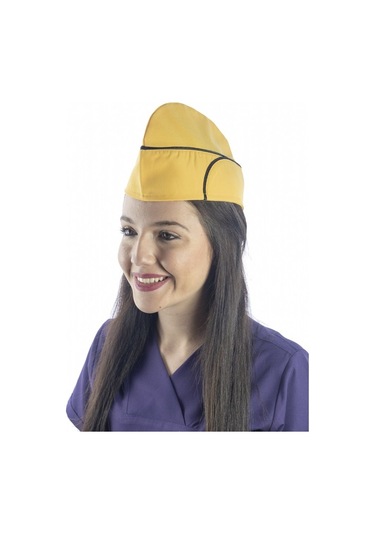 Sarı Üzerine Siyah Biye Aşçı Kayık Kep - Unisex