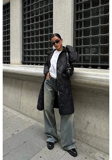 Fermuar Ve Kapşonlu Uzun Kapitone Mont 7062 Si Yah Siyah