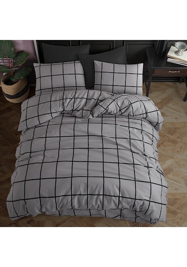 Coté Blanc Karo Gri %100 Pamuk Battal Boy Nevresim Takımı Gri