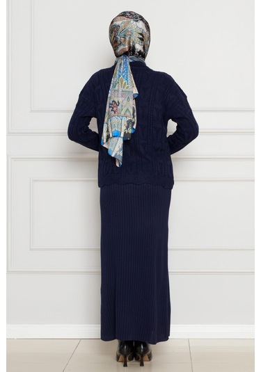 Dantel İşlemeli Jileli Triko Takım-lacivert-4436 Lacivert