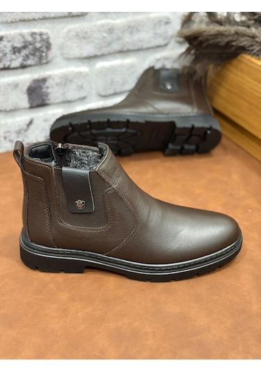 Hakiki Deri Büyük Numara Ortopedik Kürklü Erkek Bot Kahve