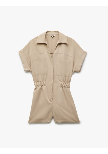 Koton Cupro Modal Kumaş Cep Detaylı Beli Lastikli Kısa Kollu Gömlek Yaka Şort Tulum Vizon 5sak40021uw Vizon