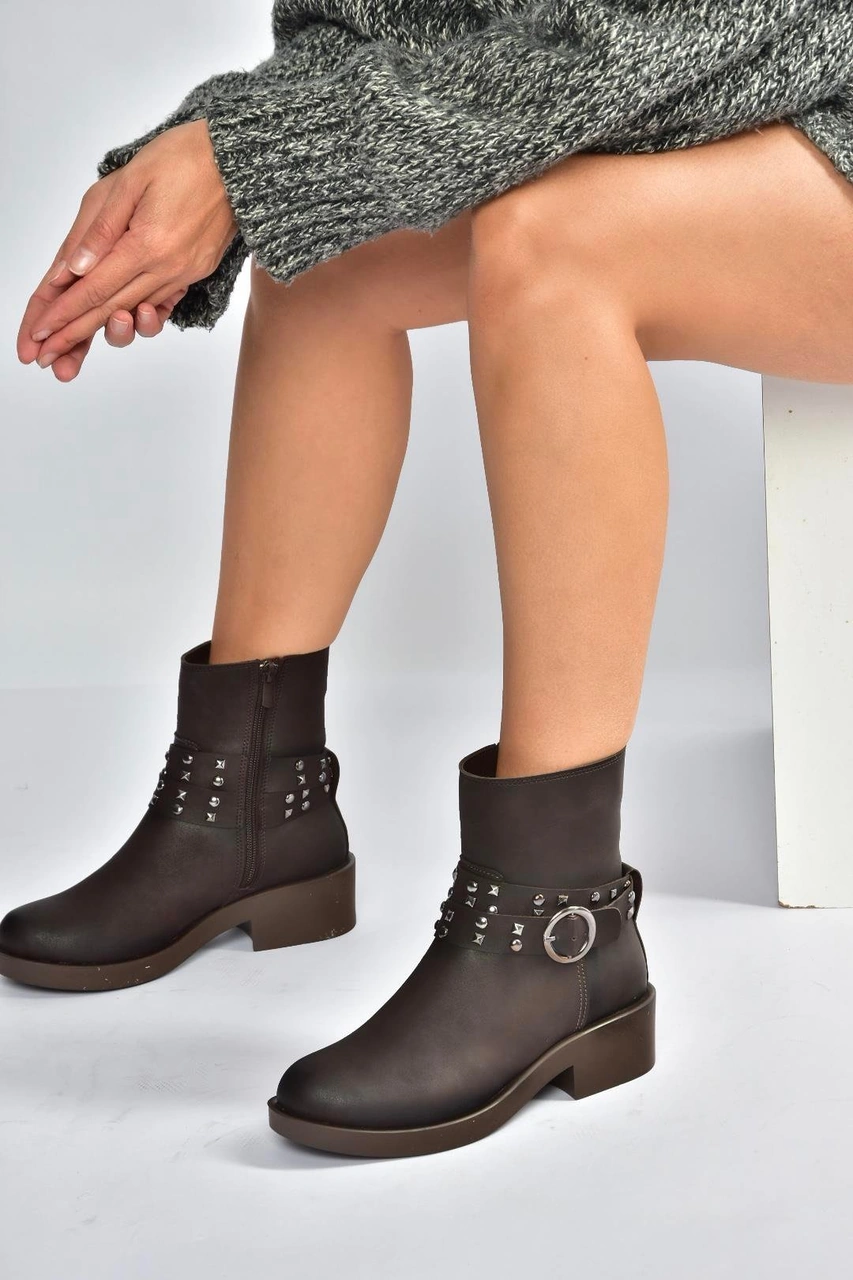 Fox Shoes V674121209 Kahverengi Alçak Topuklu Fermuarlı Kadın Bot Kahverengi-suni Deri