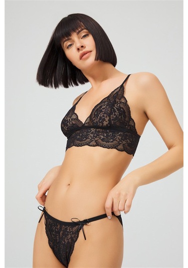 Siyah Dantelli Transparan Balensiz Kadın Sütyen Takımı Siyah