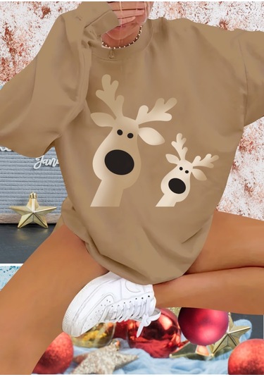 Sensuelle Kadın Uzun Kollu Bisiklet Yaka Geyik Desenli Viskon Iki Iplik Bluz Bej