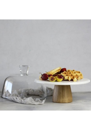 Akayev Mermer 25 CM Ahşap Konik Ayaklı Kalın Beyaz Cam Fanus